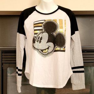 Disney Mickey Logo Black White Gold Long Sleeves T-Shirt, Size XS